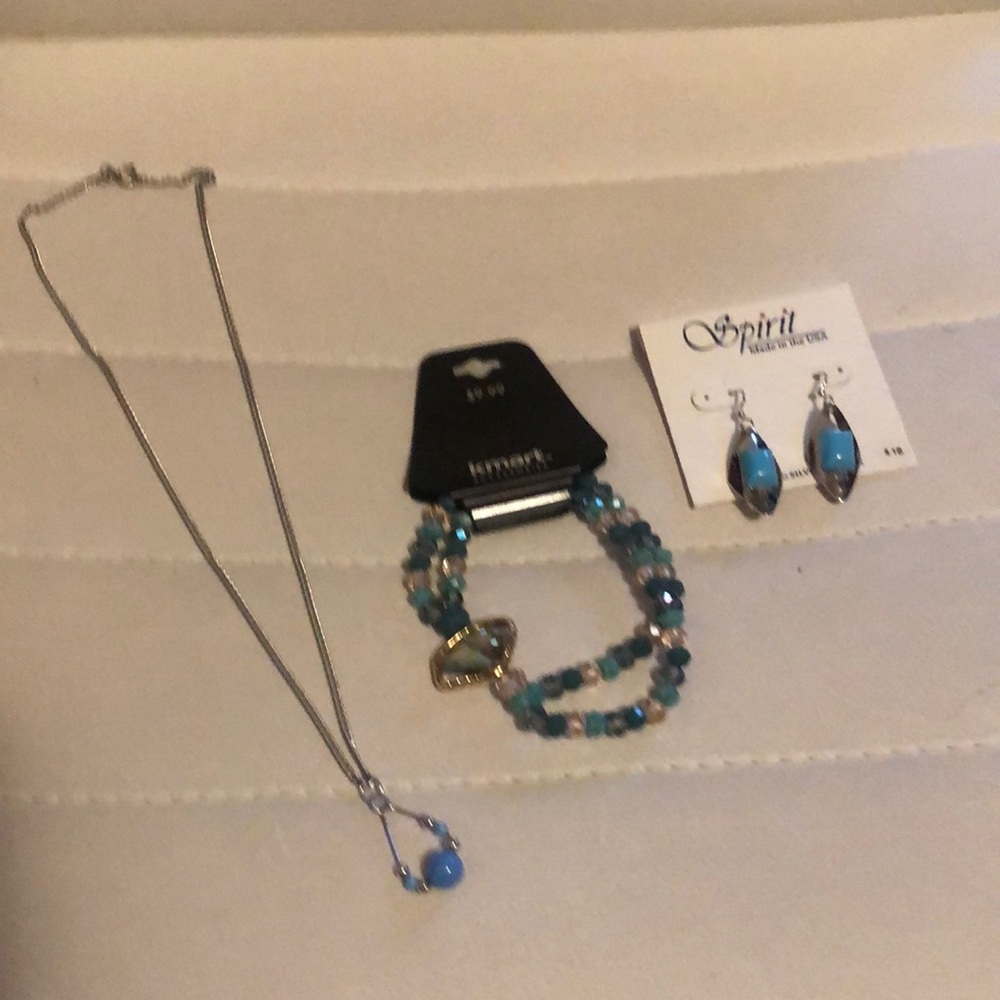 Turquoise and green blue earrings, necklace, and bracelet